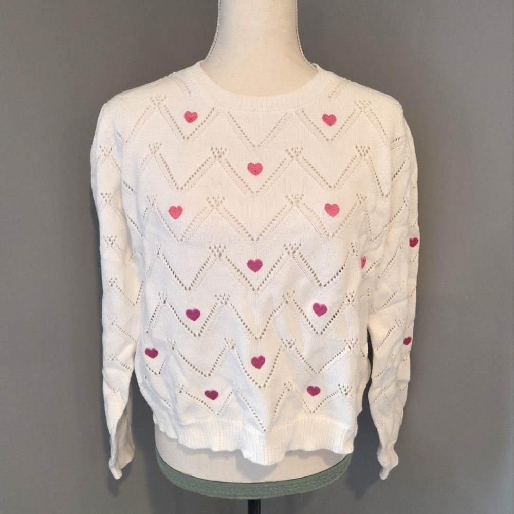 NWT Francesca’s White Heart Pointelle Sweater - Valentine XL - Picture 3 of 7